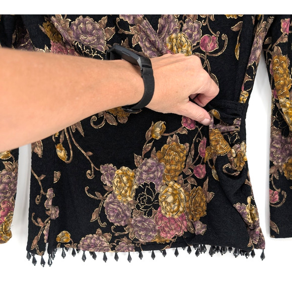 VTG Y2K Black Textured Metallic Floral Bead Trim Boho Whimisigoth Faux Wrap Top - Picture 4 of 12